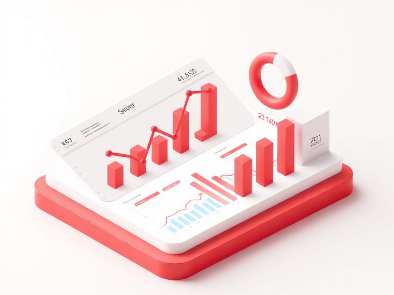 Isometric analytics dashboard with charts and KPI tiles