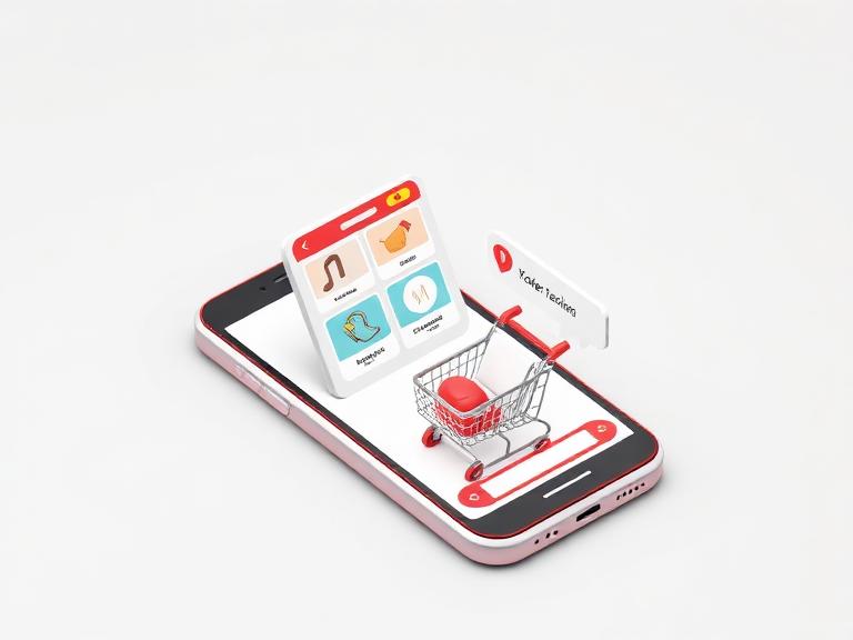 Isometric smartphone showing product catalog and shopping cart in chat