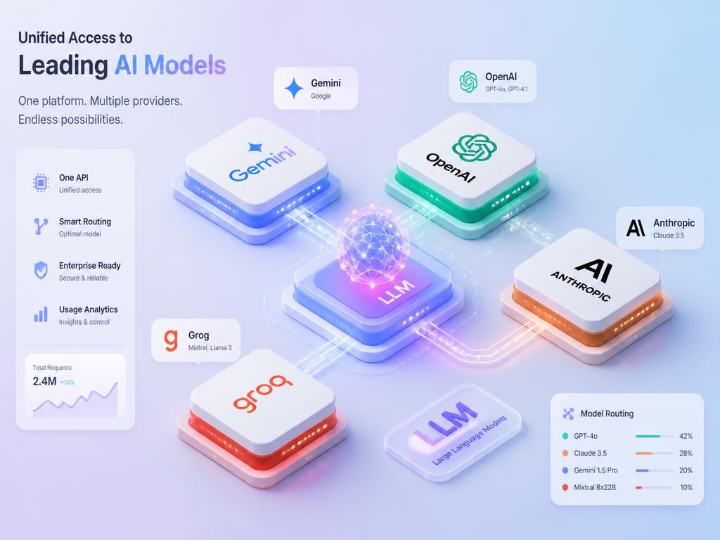 AI provider routing across Gemini, OpenAI, Anthropic, Groq and Lovable AI