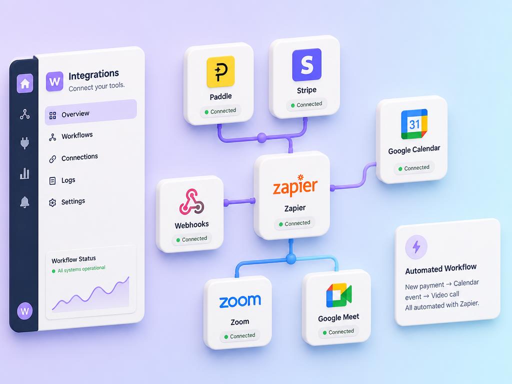 Business integrations with Paddle, Stripe, Google Calendar, Zapier, Webhooks, Zoom and Meet