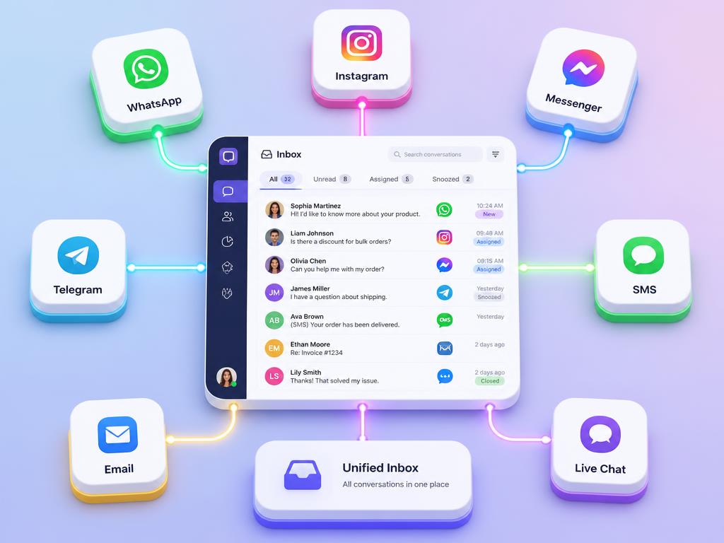 Unified inbox connecting WhatsApp, Instagram, Messenger, Telegram, SMS, email and live chat