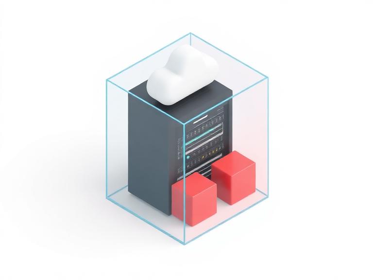 Server rack inside a glass cube with container blocks
