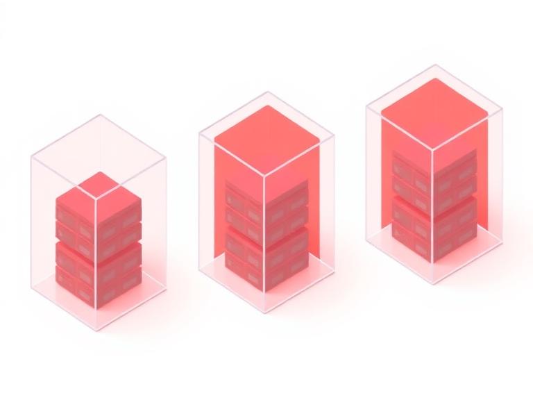 Three isolated glass cubes each holding separate data stacks