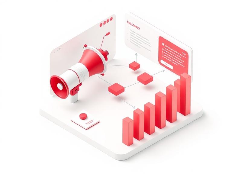 Isometric marketing console with megaphone, journey flow and analytics